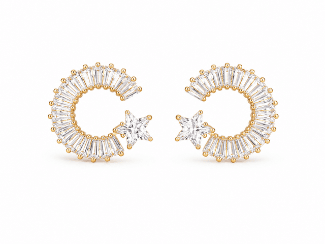 Celestial Crescent Star Crystal Stud Earrings