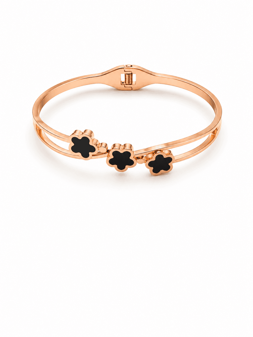 Elegant Rose Gold Black Clover Bangle Bracelet