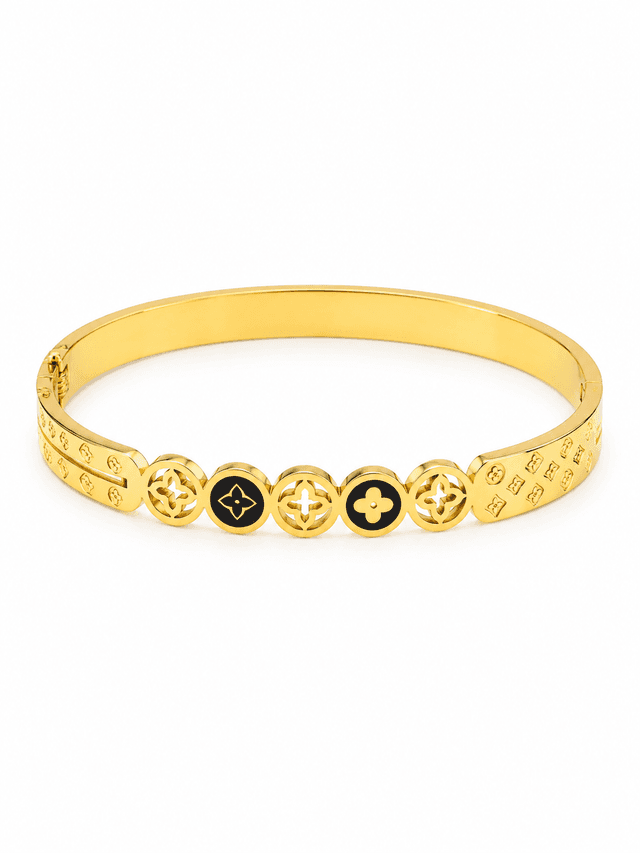 Clover Charm Black Enamel Gold Bracelet